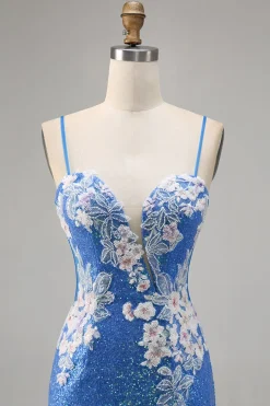 Brilhante Flores Azul Bodycon Lantejoulas Mini Vestido Cocktail
