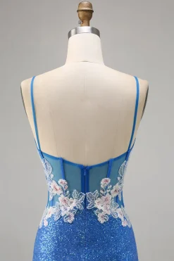 Brilhante Flores Azul Bodycon Lantejoulas Mini Vestido Cocktail