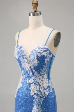 Brilhante Flores Azul Bodycon Lantejoulas Mini Vestido Cocktail
