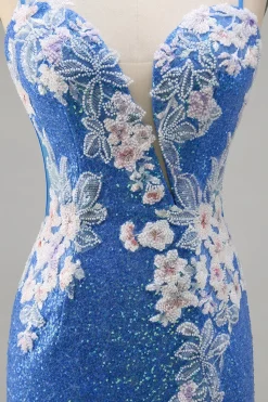 Brilhante Flores Azul Bodycon Lantejoulas Mini Vestido Cocktail