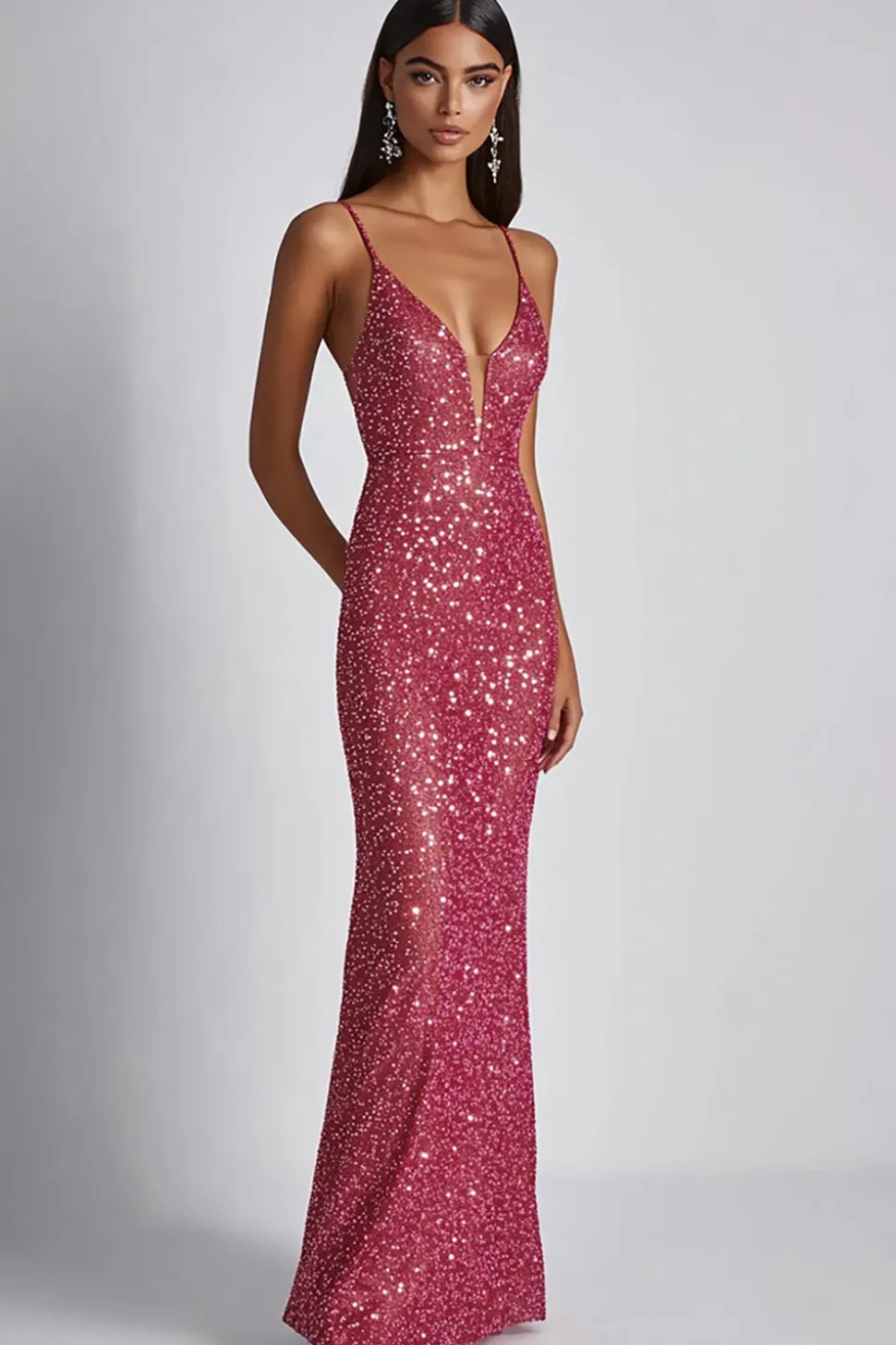 Brilhante Fuchsia Bainha Esparguete Alças Vestido Formal Longo com Sequins