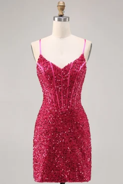 Brilhante Fuchsia Bodycon Espartilho Mini Vestido Cocktail