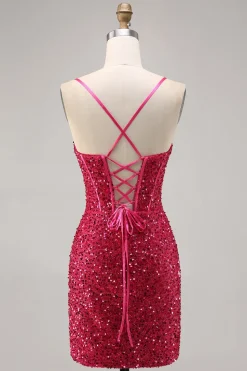 Brilhante Fuchsia Bodycon Espartilho Mini Vestido Cocktail