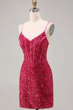 Brilhante Fuchsia Bodycon Espartilho Mini Vestido Cocktail