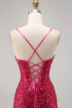 Brilhante Fuchsia Bodycon Espartilho Mini Vestido Cocktail