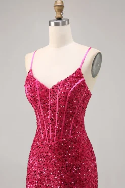 Brilhante Fuchsia Bodycon Espartilho Mini Vestido Cocktail
