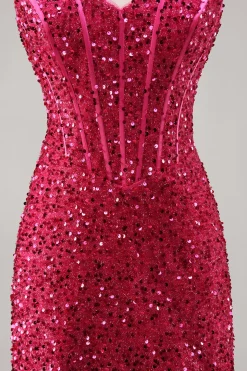 Brilhante Fuchsia Bodycon Espartilho Mini Vestido Cocktail