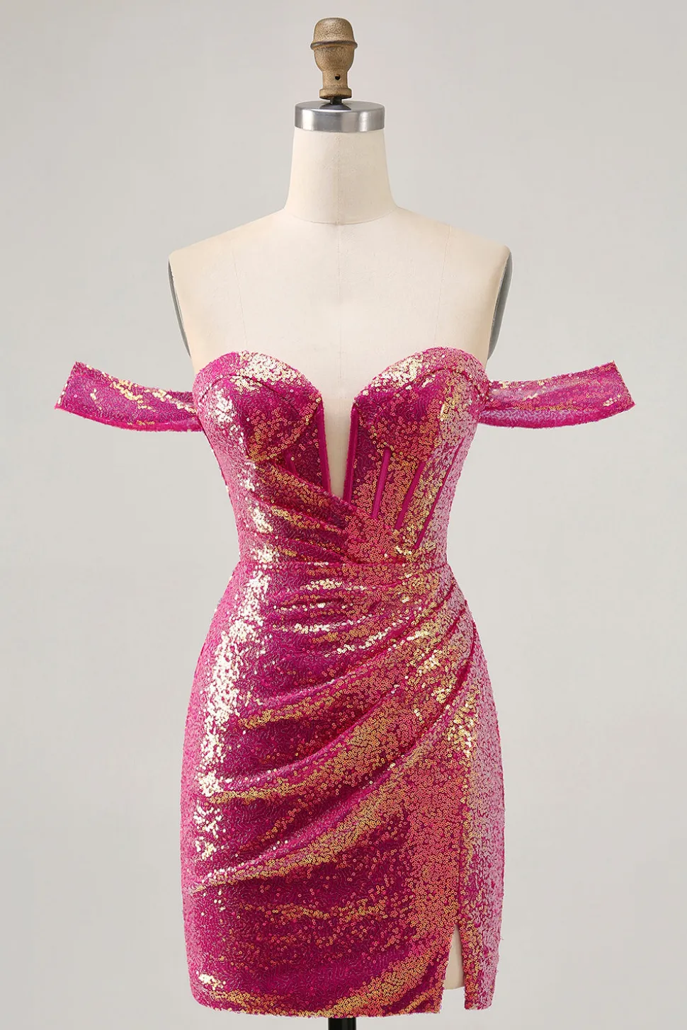 Brilhante Fuchsia Sem Ombros Bodycon Mini Vestido Cocktail