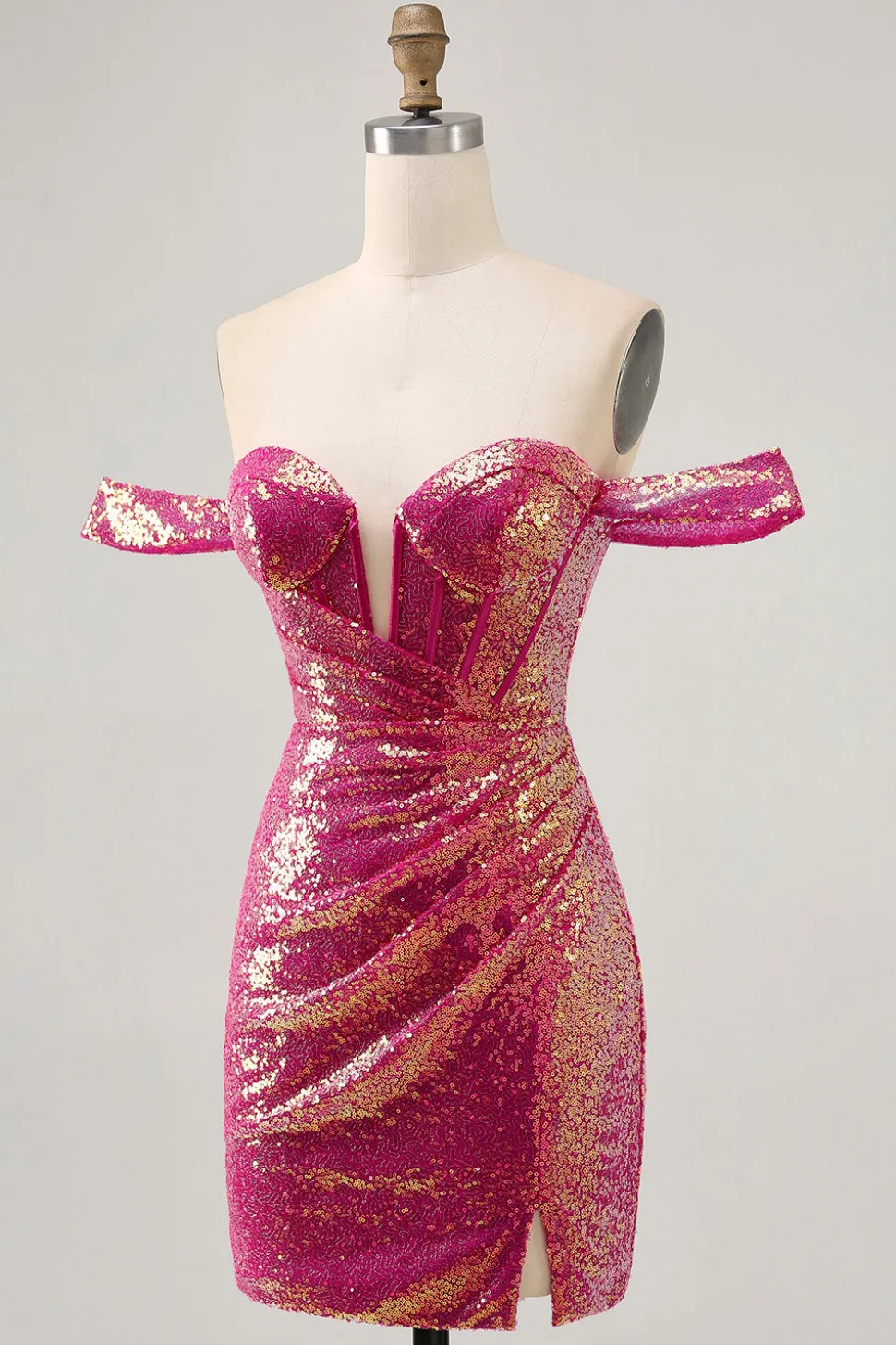 Brilhante Fuchsia Sem Ombros Bodycon Mini Vestido Cocktail