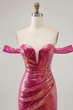 Brilhante Fuchsia Sem Ombros Bodycon Mini Vestido Cocktail