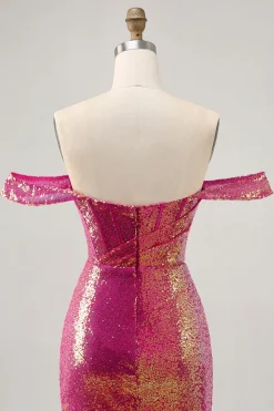 Brilhante Fuchsia Sem Ombros Bodycon Mini Vestido Cocktail