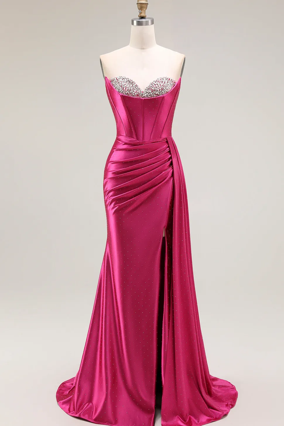 Brilhante Fuchsia Sereia Espartilho Longo Vestido de Baile com Fenda