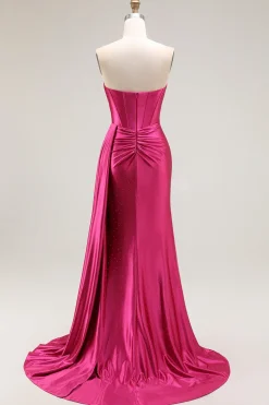 Brilhante Fuchsia Sereia Espartilho Longo Vestido de Baile com Fenda