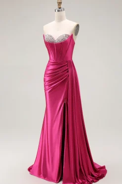 Brilhante Fuchsia Sereia Espartilho Longo Vestido de Baile com Fenda