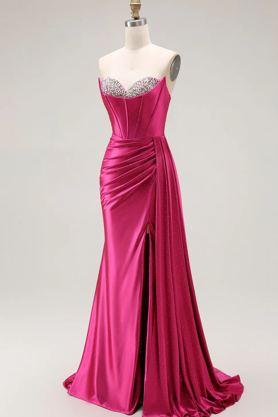 Brilhante Fuchsia Sereia Espartilho Longo Vestido de Baile com Fenda