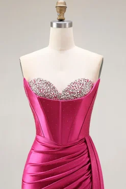 Brilhante Fuchsia Sereia Espartilho Longo Vestido de Baile com Fenda