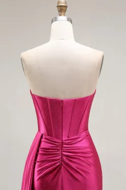 Brilhante Fuchsia Sereia Espartilho Longo Vestido de Baile com Fenda