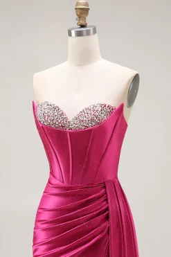 Brilhante Fuchsia Sereia Espartilho Longo Vestido de Baile com Fenda
