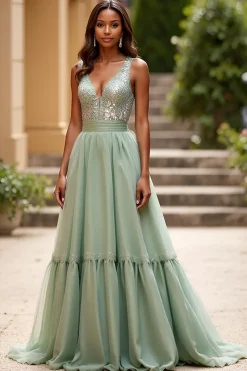 Brilhante Lantejoulas Sábio Poeirento Linha-A Longo Vestido De Baile