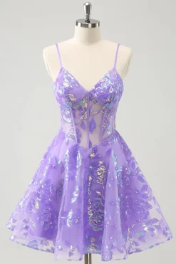 Brilhante Lilás A-Line Esparguete Correias Sequins Corset Homecoming Dress
