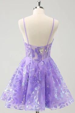 Brilhante Lilás A-Line Esparguete Correias Sequins Corset Homecoming Dress