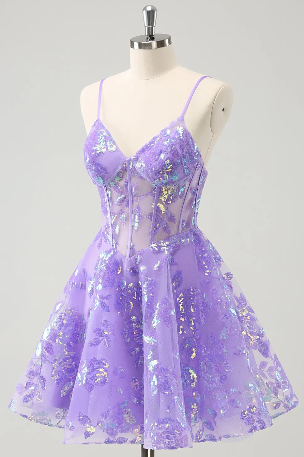 Brilhante Lilás A-Line Esparguete Correias Sequins Corset Homecoming Dress
