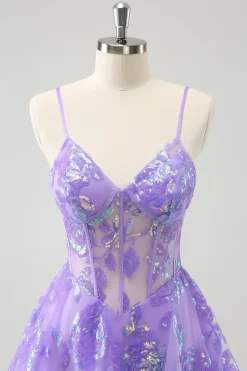 Brilhante Lilás A-Line Esparguete Correias Sequins Corset Homecoming Dress
