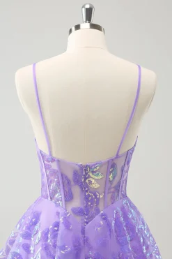 Brilhante Lilás A-Line Esparguete Correias Sequins Corset Homecoming Dress