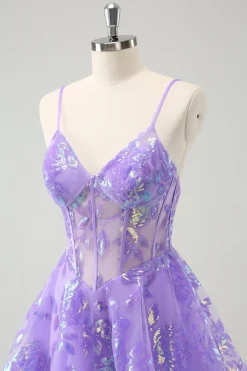 Brilhante Lilás A-Line Esparguete Correias Sequins Corset Homecoming Dress