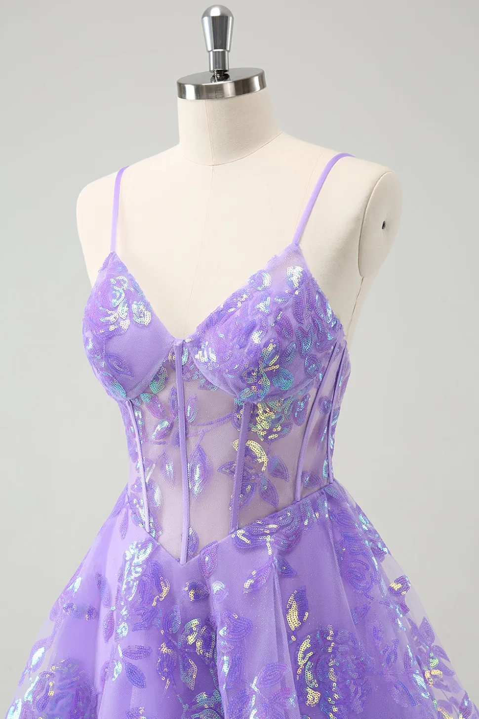 Brilhante Lilás A-Line Esparguete Correias Sequins Corset Homecoming Dress