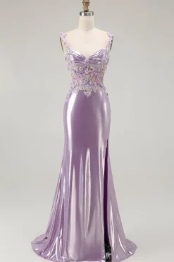 Brilhante Lilás Sereia Espartilho Flores Longo Vestido de Baile com Fenda