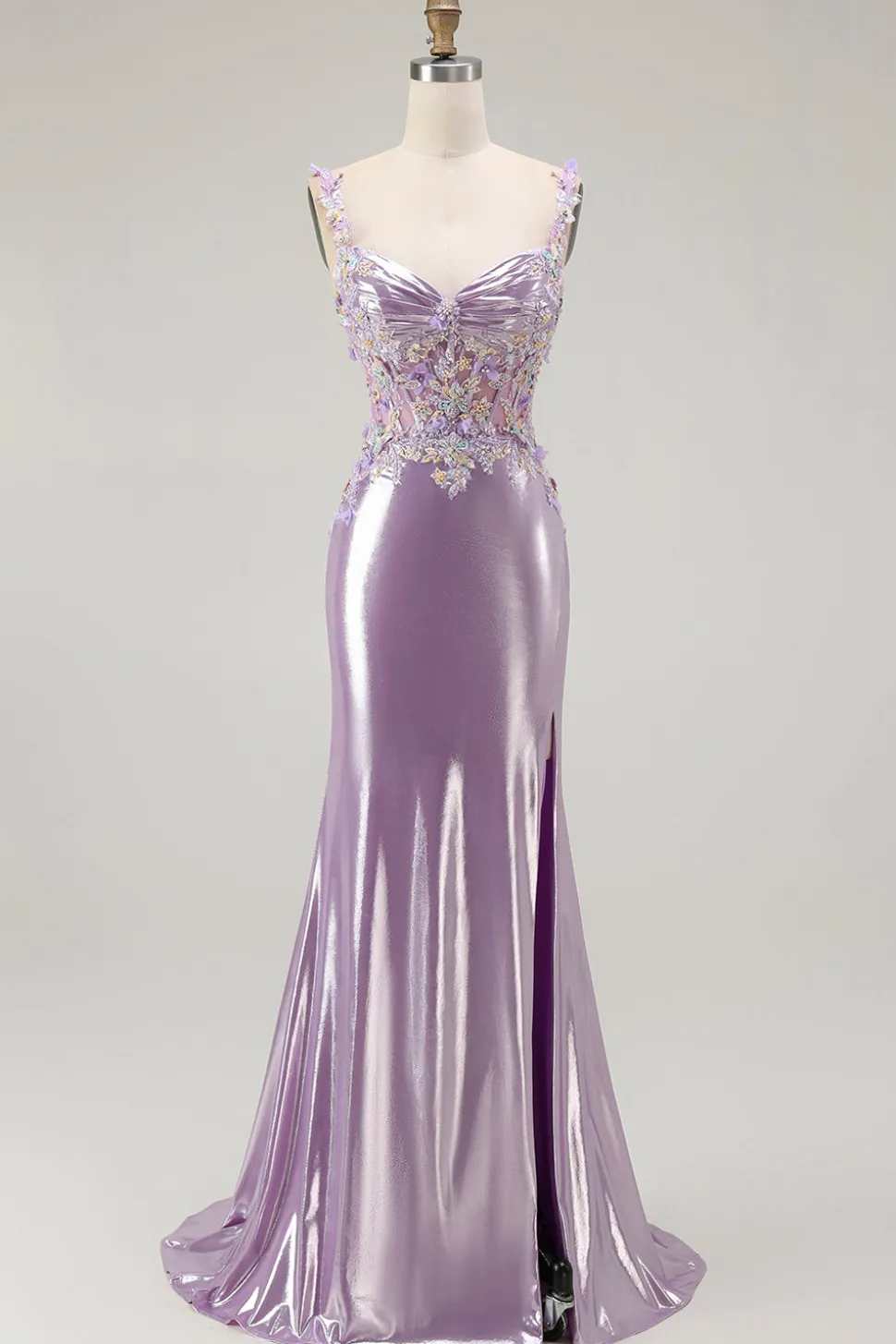 Brilhante Lilás Sereia Espartilho Flores Longo Vestido de Baile com Fenda