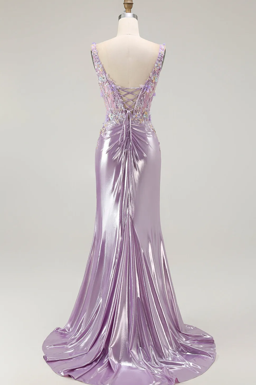 Brilhante Lilás Sereia Espartilho Flores Longo Vestido de Baile com Fenda