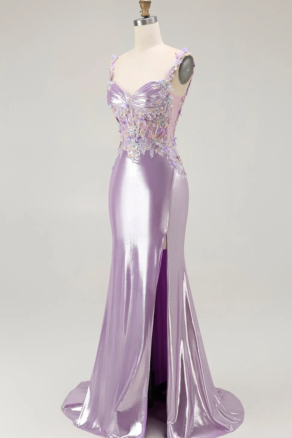 Brilhante Lilás Sereia Espartilho Flores Longo Vestido de Baile com Fenda