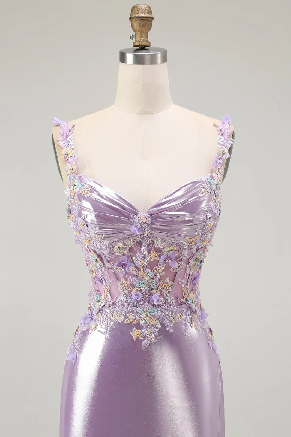 Brilhante Lilás Sereia Espartilho Flores Longo Vestido de Baile com Fenda