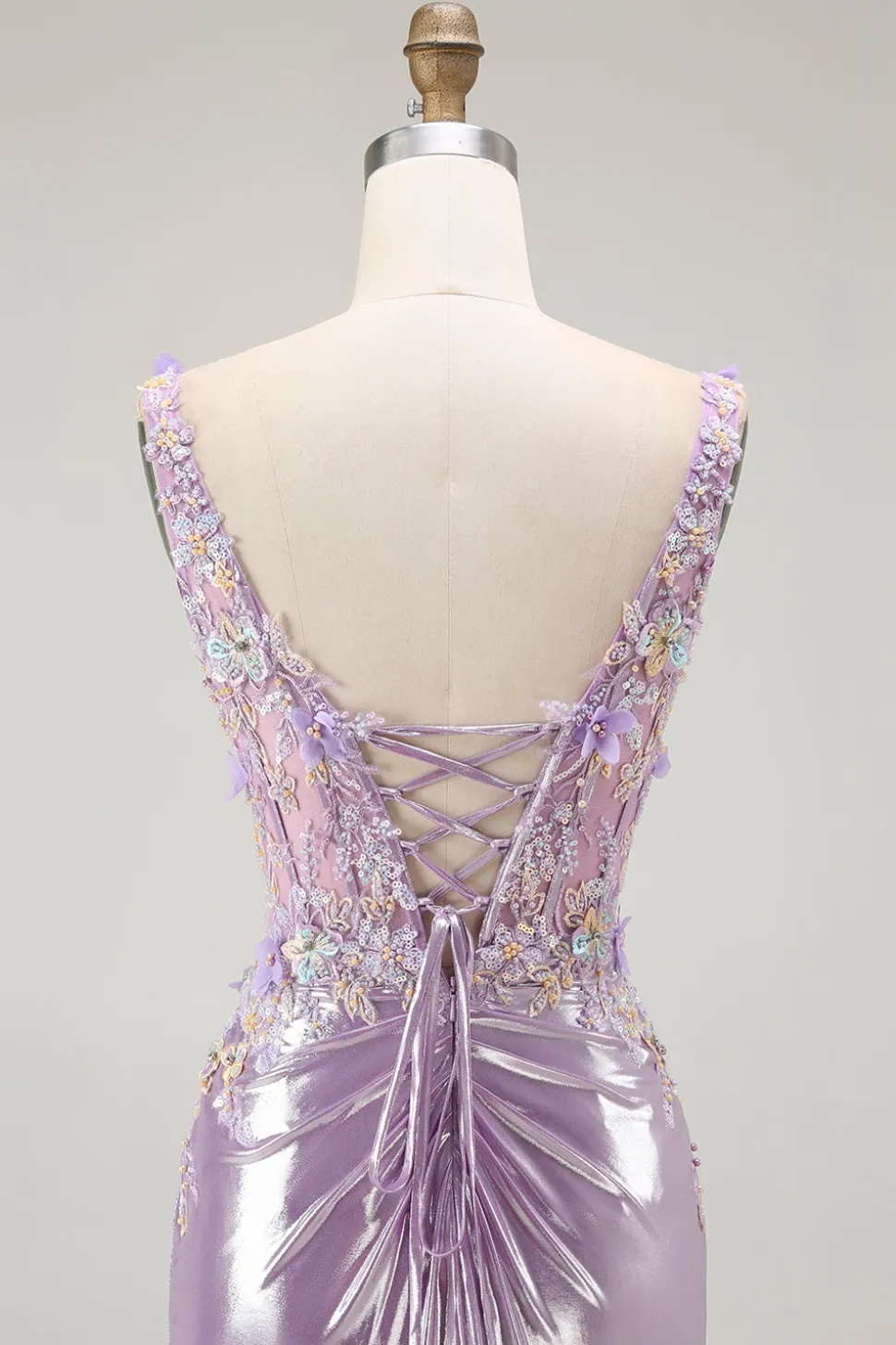 Brilhante Lilás Sereia Espartilho Flores Longo Vestido de Baile com Fenda