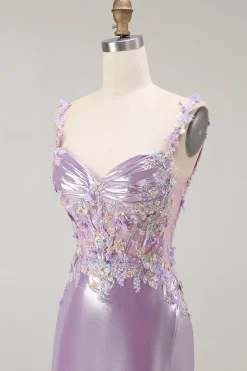 Brilhante Lilás Sereia Espartilho Flores Longo Vestido de Baile com Fenda