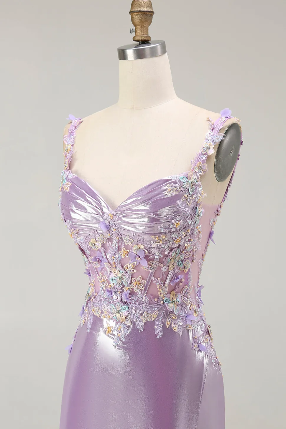 Brilhante Lilás Sereia Espartilho Flores Longo Vestido de Baile com Fenda