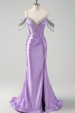 Brilhante Lilás Sereia Ombro Frio Tassels Cetim Frisado Frisado Vestido de Baile de Formatura com Fenda