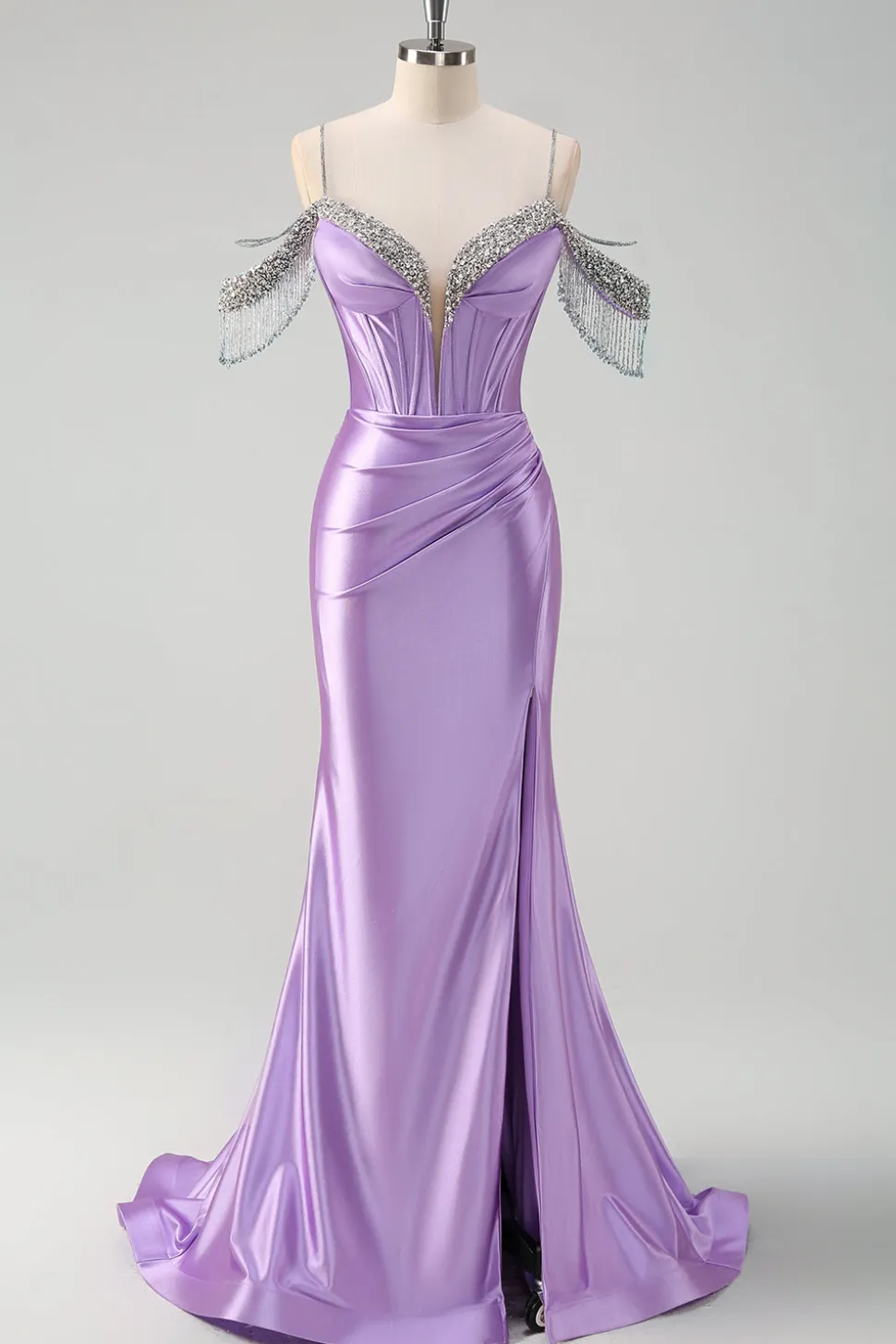 Brilhante Lilás Sereia Ombro Frio Tassels Cetim Frisado Frisado Vestido de Baile de Formatura com Fenda