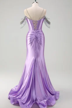 Brilhante Lilás Sereia Ombro Frio Tassels Cetim Frisado Frisado Vestido de Baile de Formatura com Fenda