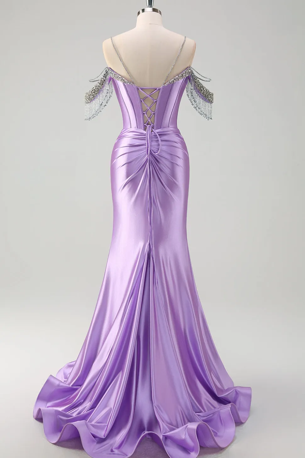 Brilhante Lilás Sereia Ombro Frio Tassels Cetim Frisado Frisado Vestido de Baile de Formatura com Fenda