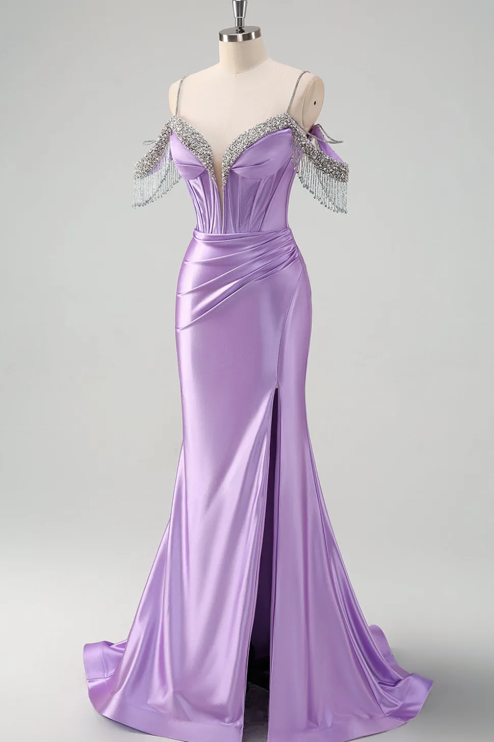Brilhante Lilás Sereia Ombro Frio Tassels Cetim Frisado Frisado Vestido de Baile de Formatura com Fenda