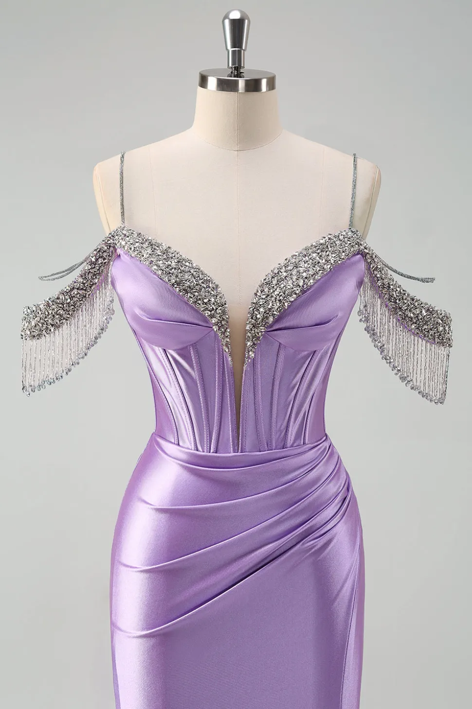 Brilhante Lilás Sereia Ombro Frio Tassels Cetim Frisado Frisado Vestido de Baile de Formatura com Fenda