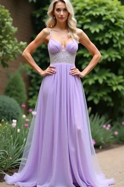 Brilhante Lilás Uma Linha Frisada Esparguete Correias Tule Longo Vestido de Baile