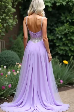 Brilhante Lilás Uma Linha Frisada Esparguete Correias Tule Longo Vestido de Baile