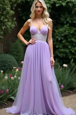 Brilhante Lilás Uma Linha Frisada Esparguete Correias Tule Longo Vestido de Baile
