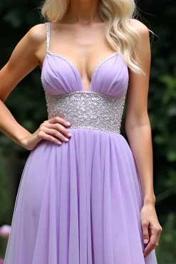 Brilhante Lilás Uma Linha Frisada Esparguete Correias Tule Longo Vestido de Baile