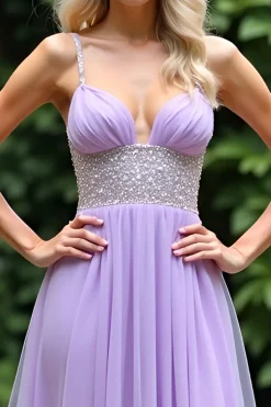 Brilhante Lilás Uma Linha Frisada Esparguete Correias Tule Longo Vestido de Baile