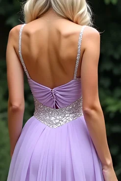 Brilhante Lilás Uma Linha Frisada Esparguete Correias Tule Longo Vestido de Baile